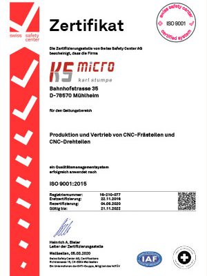 Zertifikat-ISO-9001 CNC-Unternehmen ks-Micro